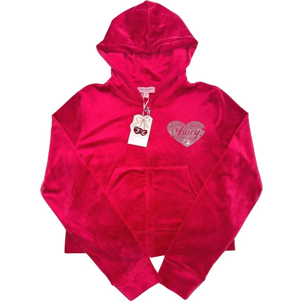 Juicy Couture Y2K Velour Rhinestone Heart Zip‎ Hoodie NWT Large